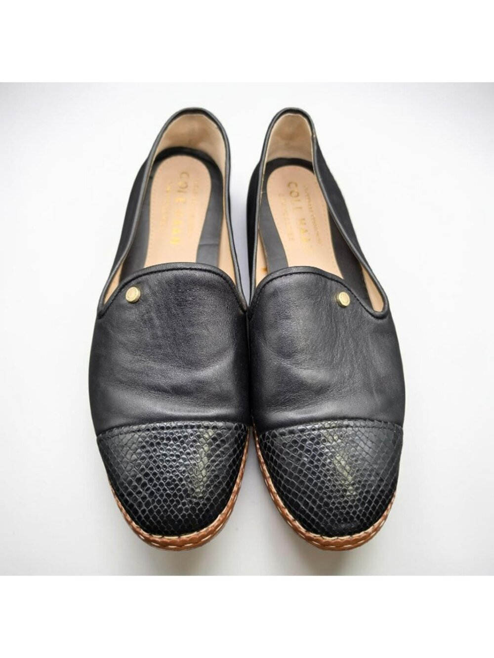 Cole Haan Womens Black Leather Loafers Snakeskin Cap Toe Grandseries Cloudfeel